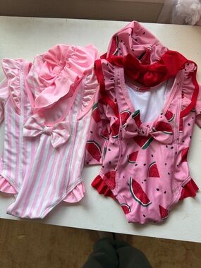Pink Girls' One-Piece Swim - Watermelon & Stripe Styles 0-3M